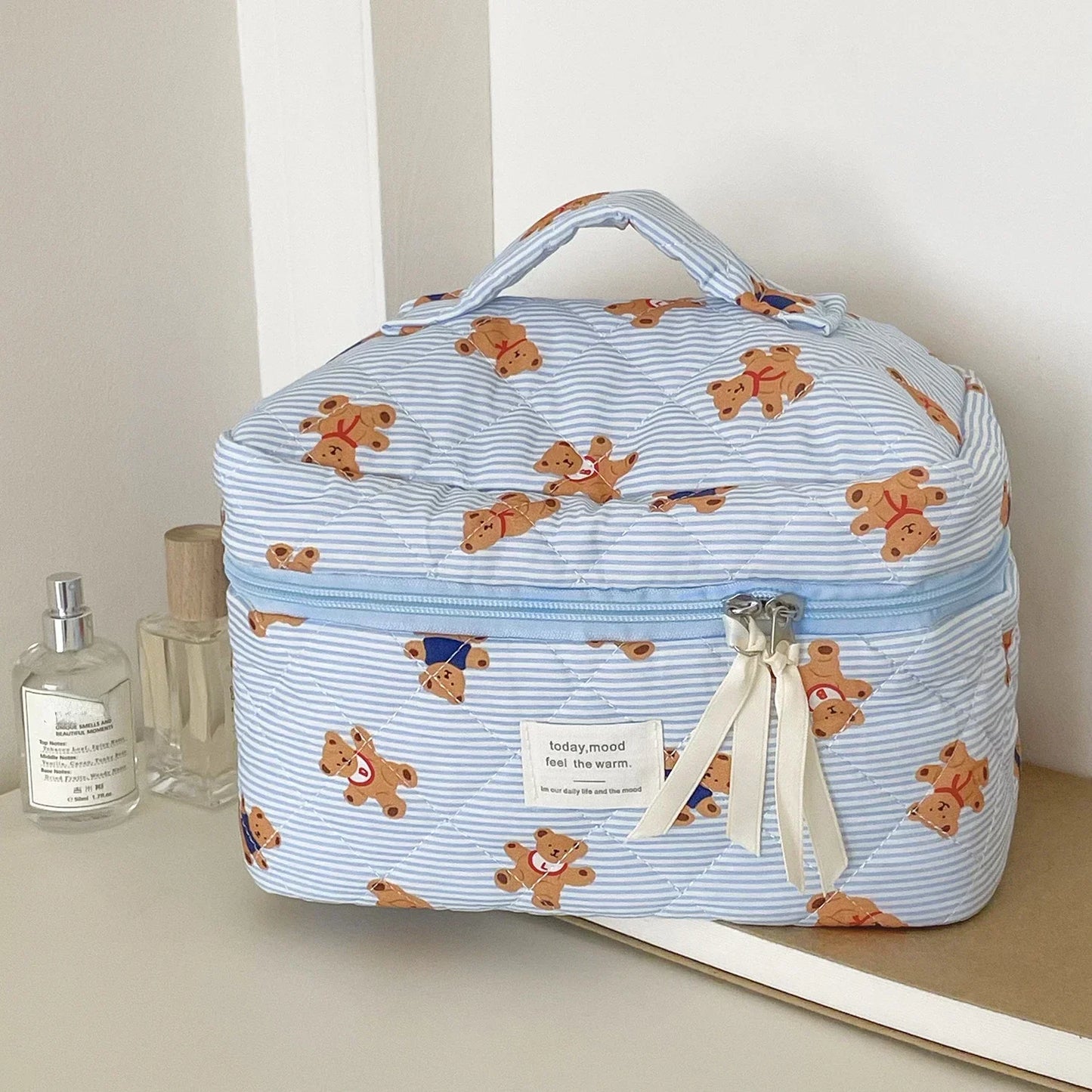 1pcs cotton blue flower women cosmetic bag fabric storage bags small big capacity travel organzier pouch women makeup case