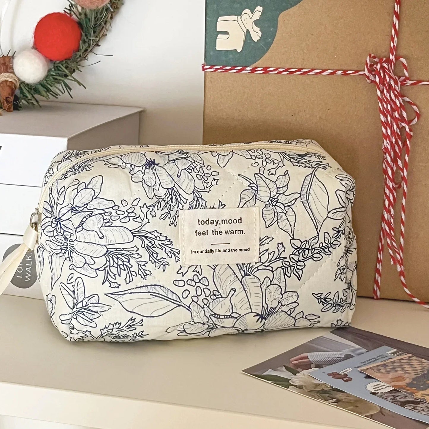 1pcs cotton blue flower women cosmetic bag fabric storage bags small big capacity travel organzier pouch women makeup case