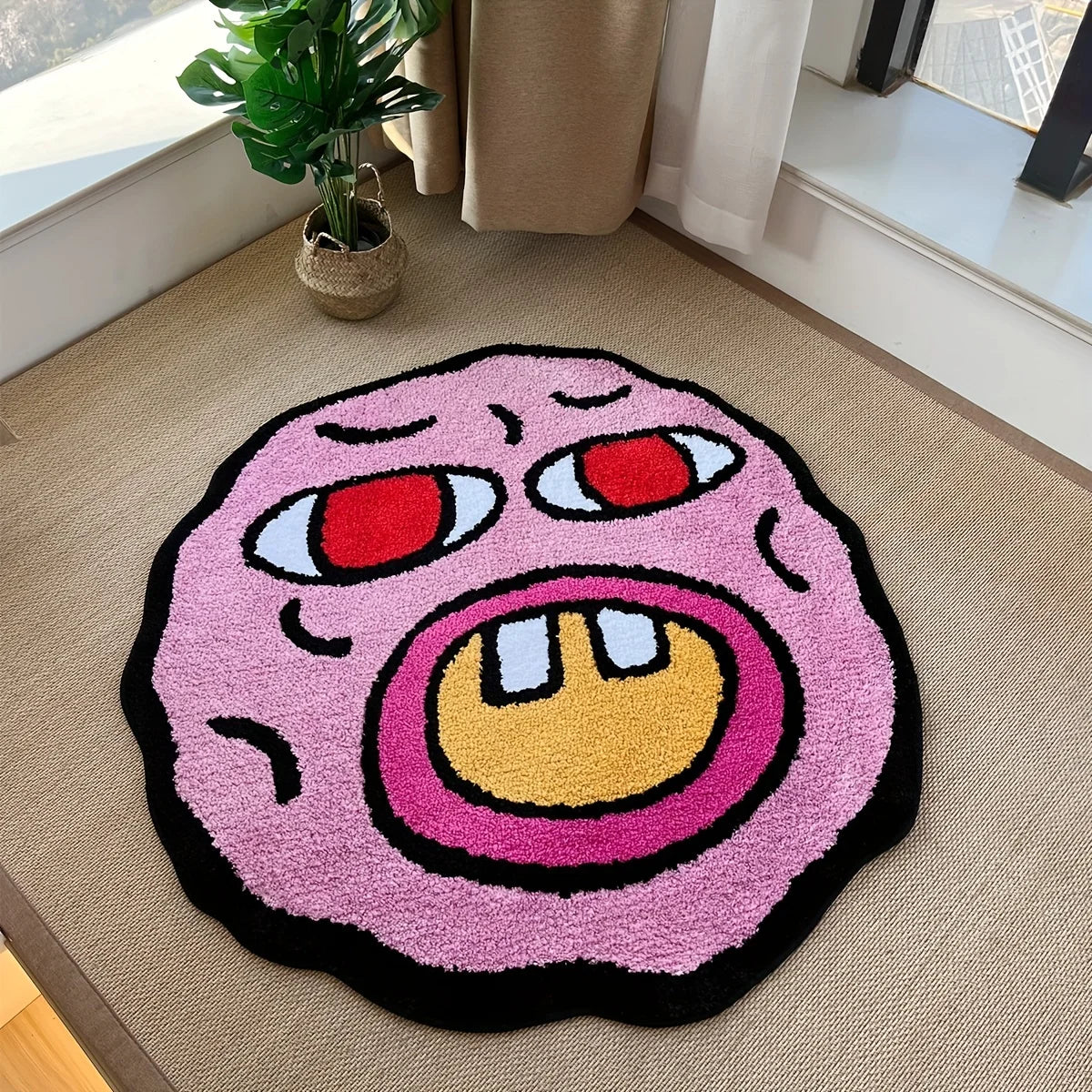 b0c4x9nxf4 cherry bomb pink handmade tufted rug | kawaii room decor | small bedroom rug | cartoon circle punch needle carpet