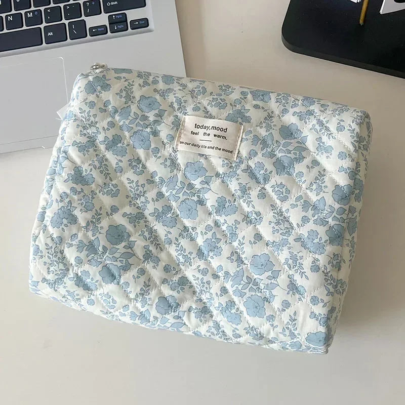 1pcs cotton blue flower women cosmetic bag fabric storage bags small big capacity travel organzier pouch women makeup case