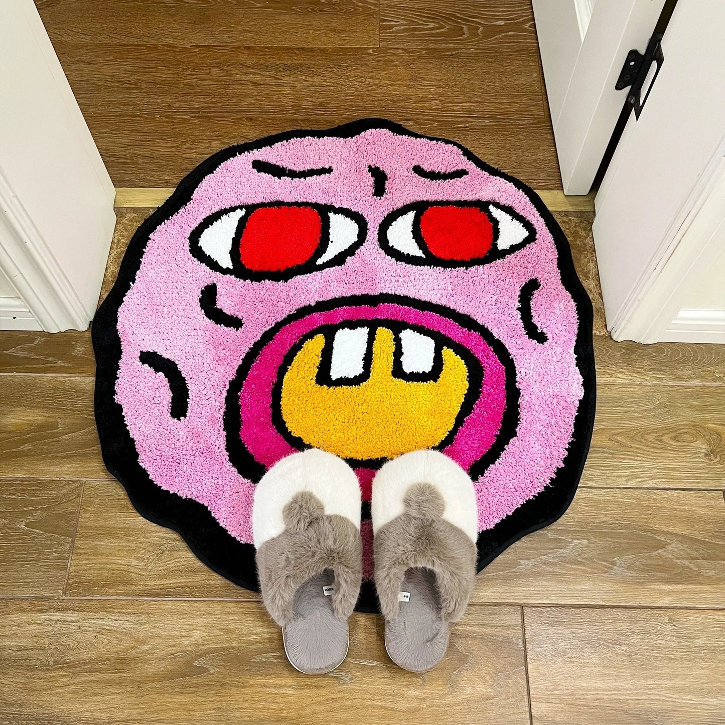 b0c4x9nxf4 cherry bomb pink handmade tufted rug | kawaii room decor | small bedroom rug | cartoon circle punch needle carpet