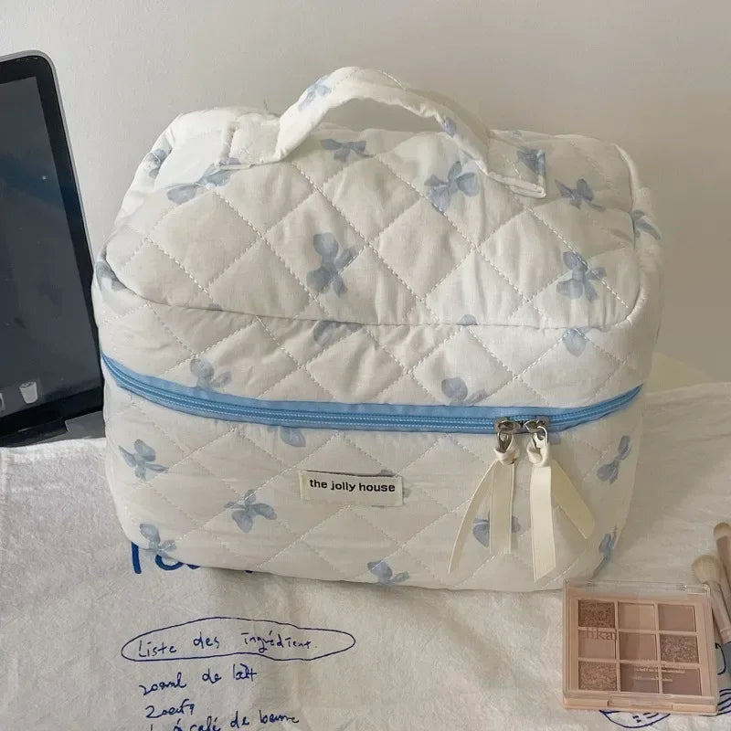 1pcs cotton blue flower women cosmetic bag fabric storage bags small big capacity travel organzier pouch women makeup case