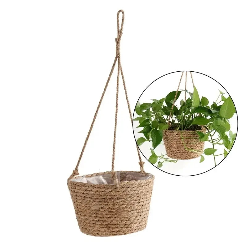 b08d3rp57l 1 set, garden hanging planter macrame plant storage basket jute rope woven indoor outdoor flower pot holder plant hangers home d