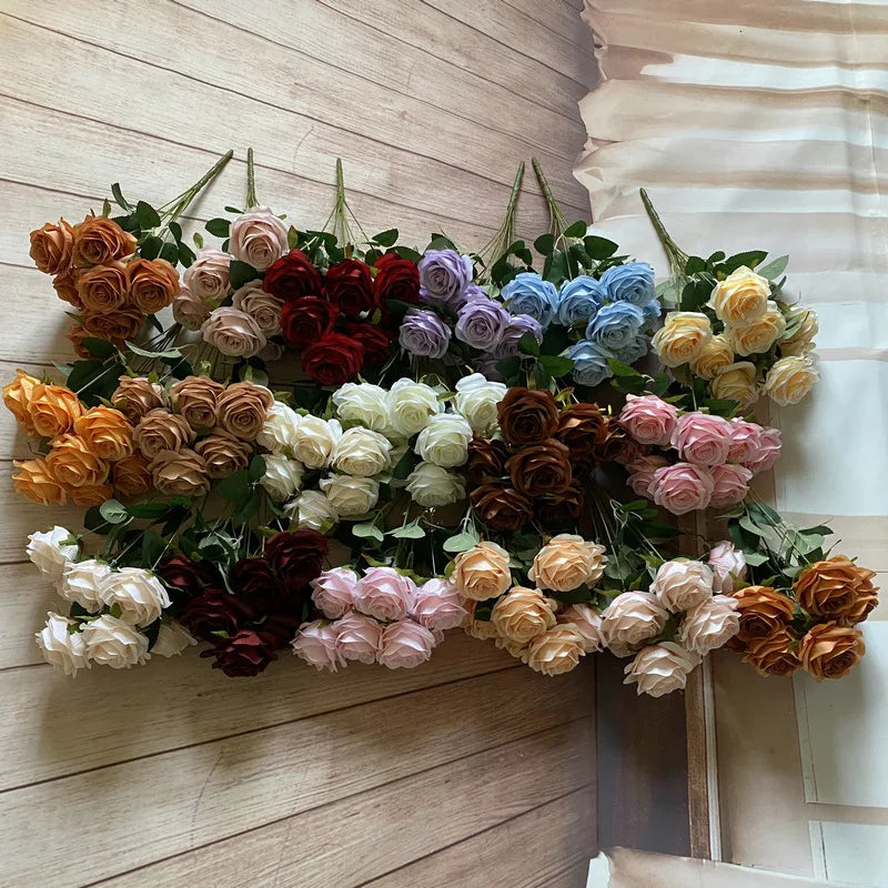 9head artificial pink rose bouquet flower wedding bridal photography props home garden decoration simulation silk rose bouquet