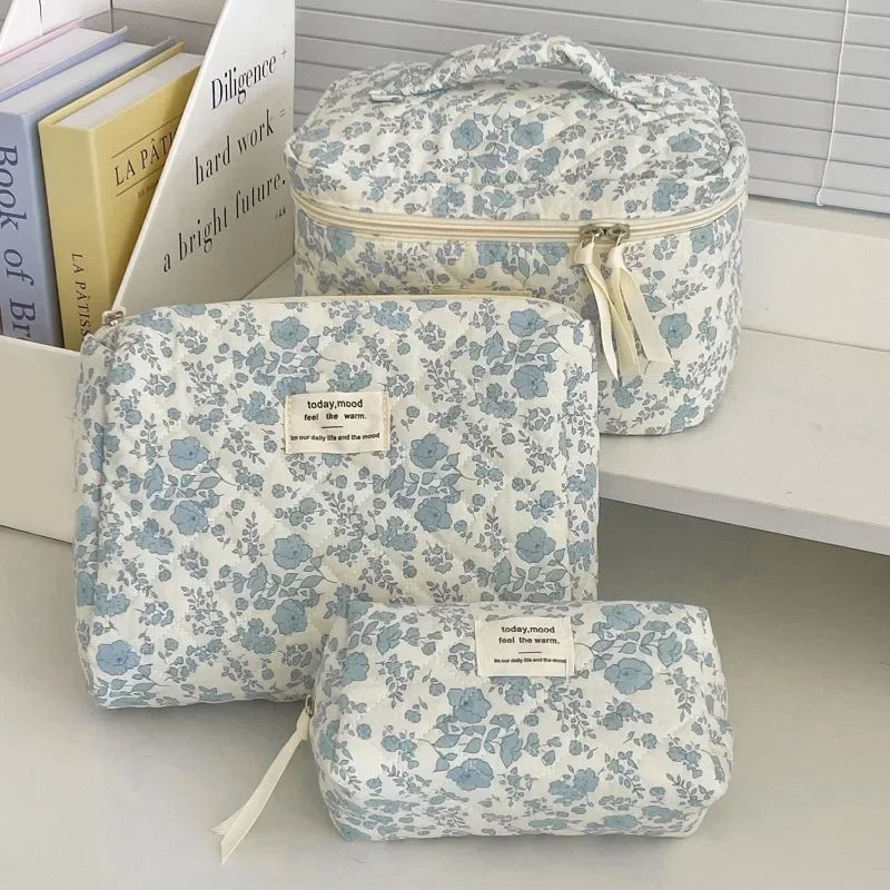 1pcs cotton blue flower women cosmetic bag fabric storage bags small big capacity travel organzier pouch women makeup case