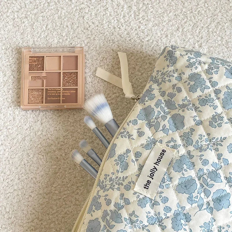 1pcs cotton blue flower women cosmetic bag fabric storage bags small big capacity travel organzier pouch women makeup case