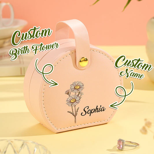 Personalized Birth Flower Jewelry Box with Name PU Leather Gift for Her, Unique Birthday Present for Women