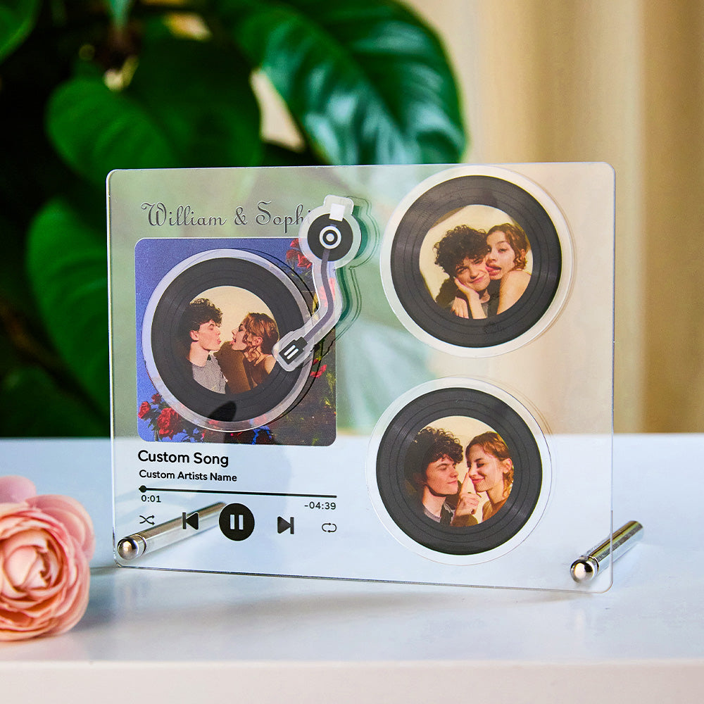 personalized rotatable photo vinyl record nfc music plaque gift for lover, unique acrylic record display with tap to play feature