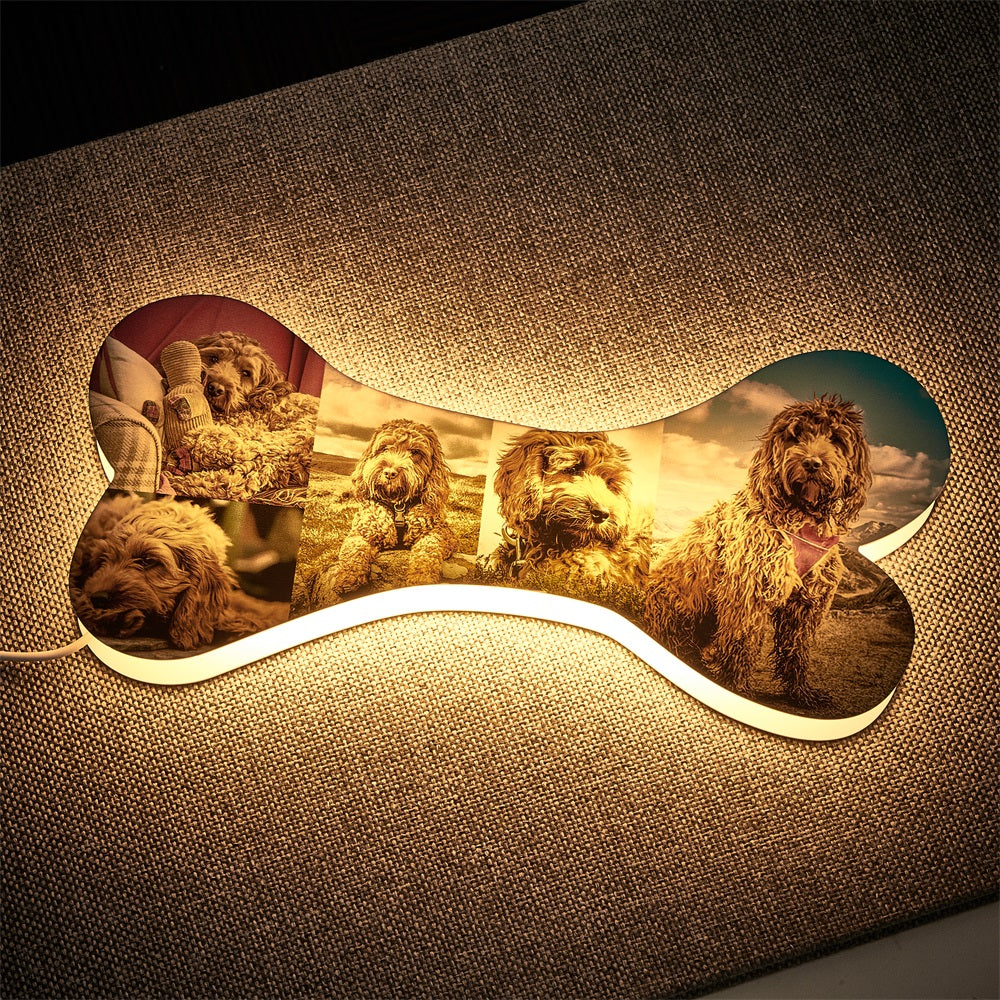 personalized bone night light with 5 pictures - acrylic led lamp for home decor, bedside table, unique gift for pet lovers and kids