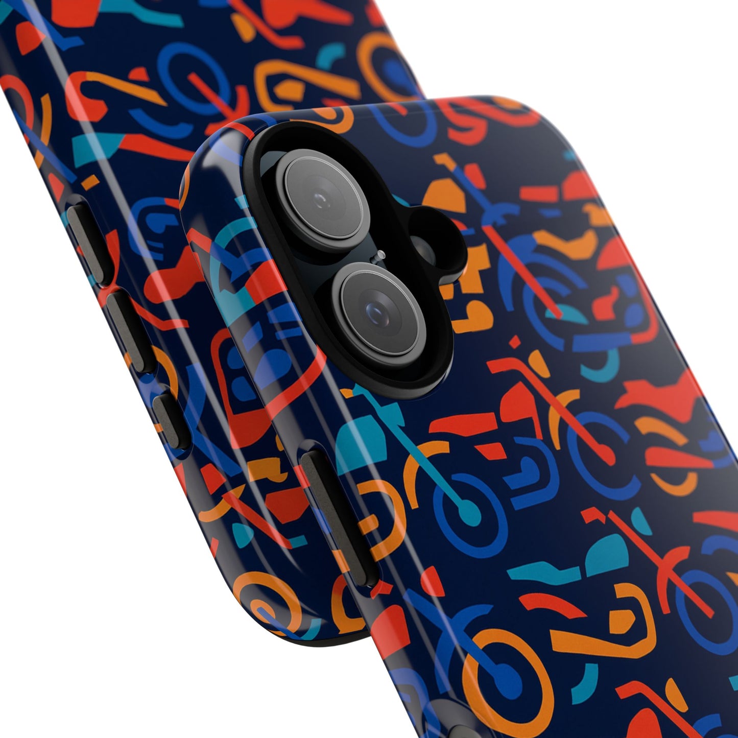vibrant 3d multicolour motorcycle pattern protective phone case for creative individuals – stylish protection compatible with iphone 13, 14, 15 & 16 – all models including pro, pro max & plus