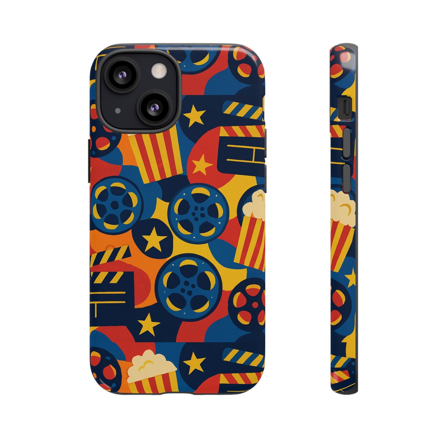 vibrant movie-themed protective phone case with colourful film reel and popcorn design for stylish protection compatible with iphone 13, 14, 15 & 16 – all models including pro, pro max & plus