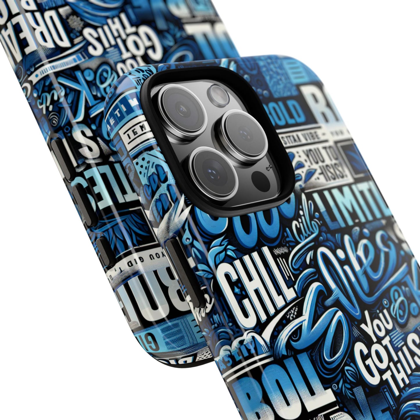 vibrant protective phone case with playful typography design in blue – stylish self-expression accessory compatible with iphone 13, 14, 15 & 16 – all models including pro, pro max & plus