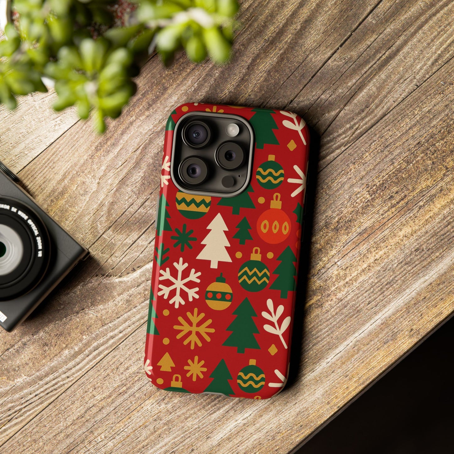 vibrant red 3d wrap protective phone case with christmas tree and ornament design for stylish protection compatible with iphone 13, 14, 15 & 16 – all models including pro, pro max & plus