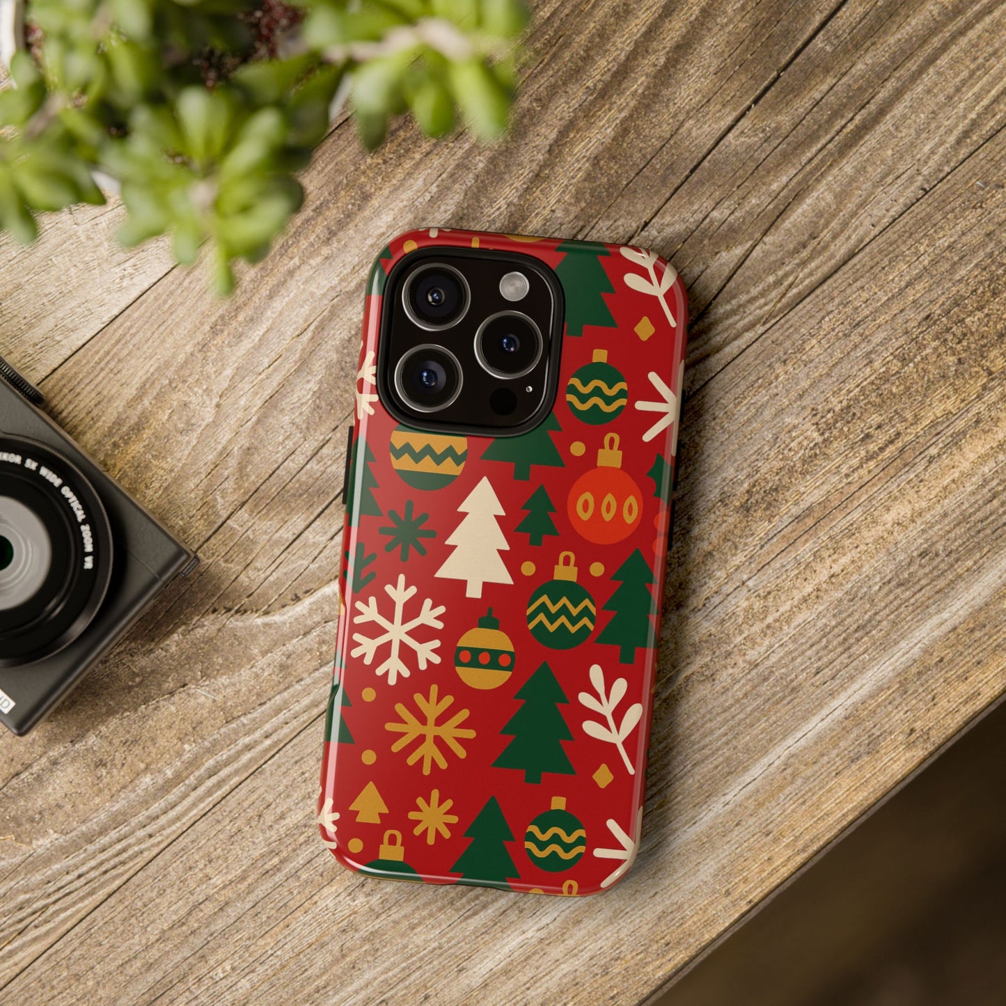 vibrant red 3d wrap protective phone case with christmas tree and ornament design for stylish protection compatible with iphone 13, 14, 15 & 16 – all models including pro, pro max & plus