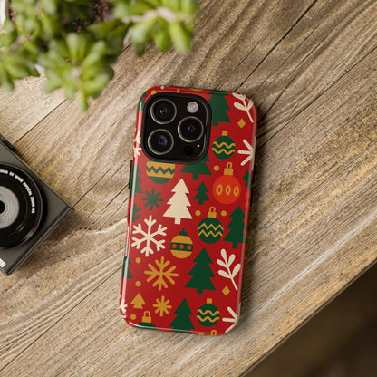 Vibrant Red 3D Wrap Protective Phone Case with Christmas Tree and Ornament Design for Stylish Protection Compatible with iPhone 13, 14, 15 & 16 – all models including Pro, Pro Max & Plus