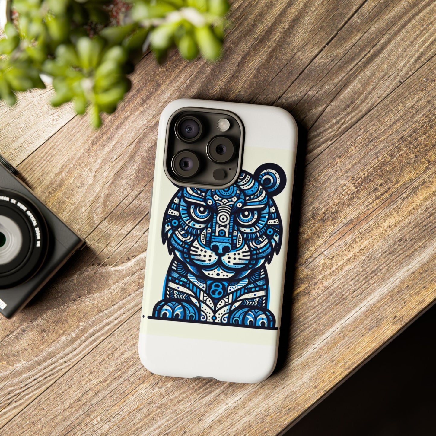 vibrant blue geometric tiger design phone case – stylish protection accessory for self-expression compatible with iphone 13, 14, 15 & 16 – all models including pro, pro max & plus