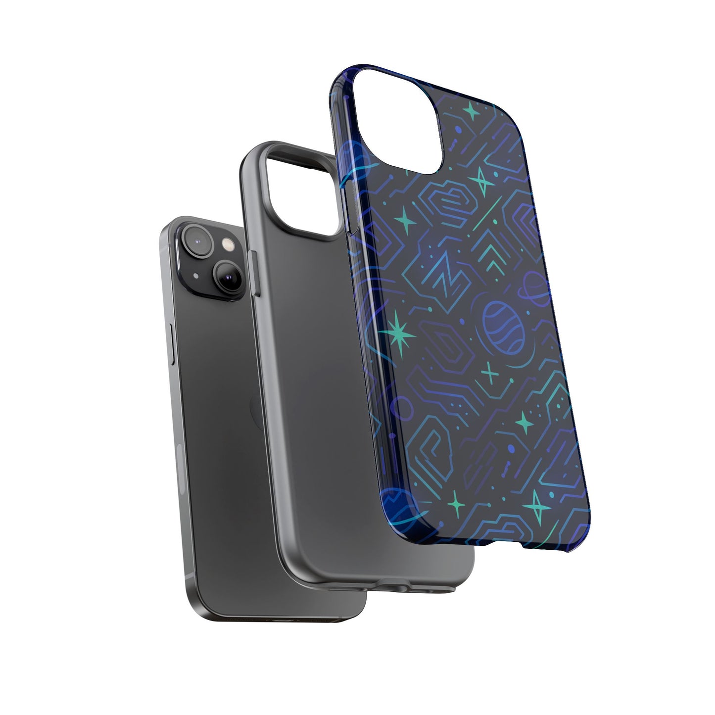vibrant space design protective phone case in blue and green 3d wrap for stylish protection compatible with iphone 13, 14, 15 & 16 – all models including pro, pro max & plus