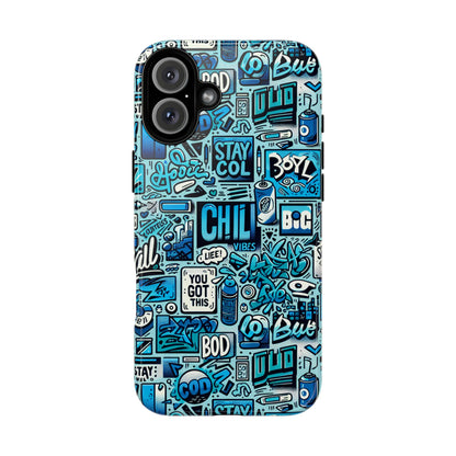Vibrant Retro Graffiti Phone Case in Blue for Men and Women Stylish Protection Accessory Compatible with iPhone 13, 14, 15 & 16 – all models including Pro, Pro Max & Plus