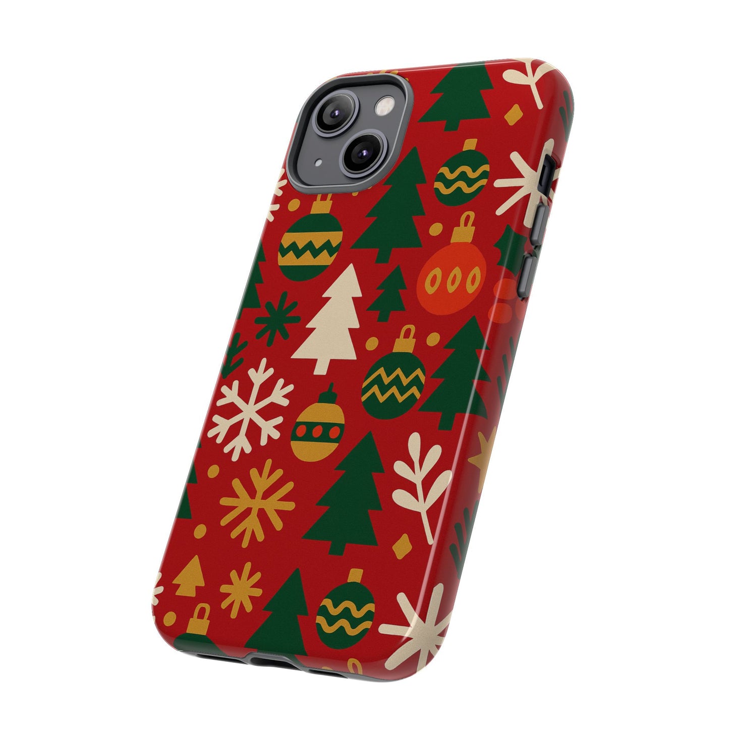vibrant red 3d wrap protective phone case with christmas tree and ornament design for stylish protection compatible with iphone 13, 14, 15 & 16 – all models including pro, pro max & plus