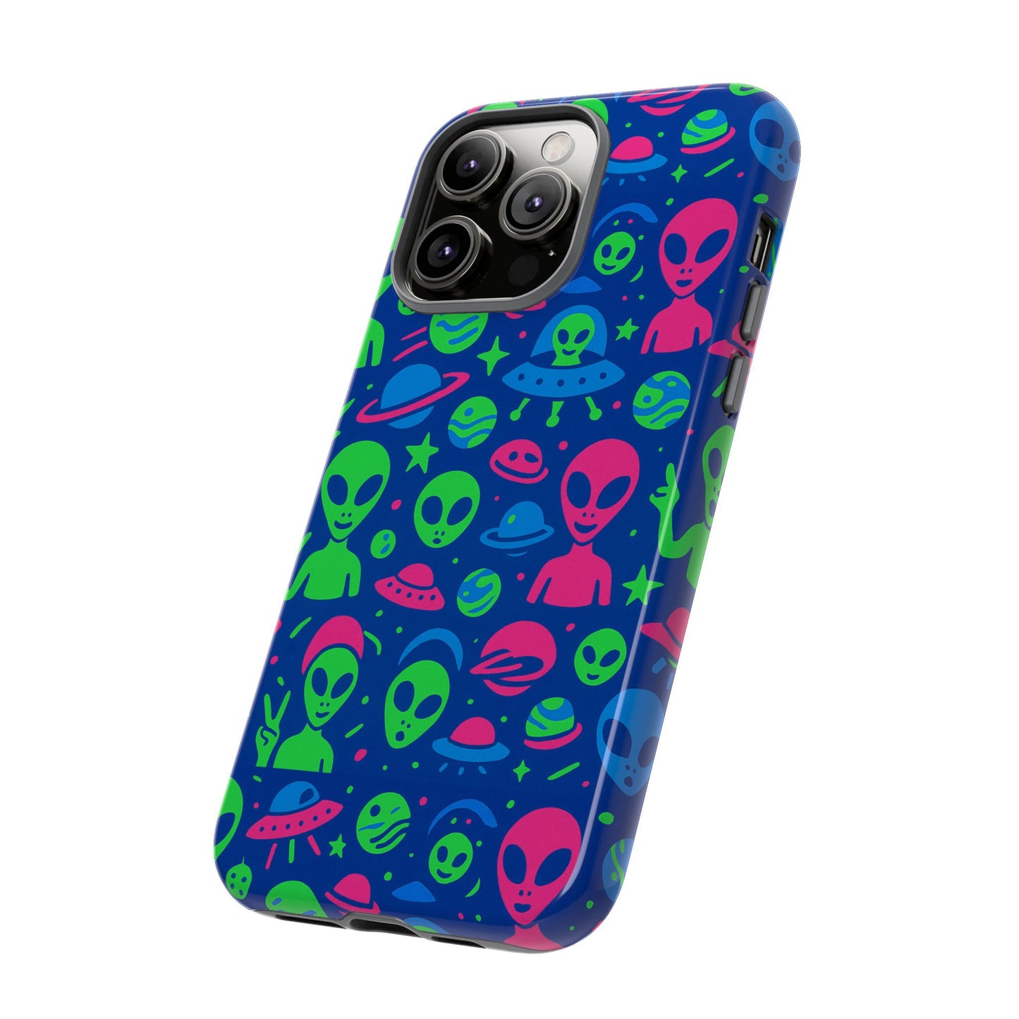 vibrant multicolour alien 3d wrap phone case in retro anime style for stylish protection compatible with iphone 13, 14, 15 & 16 – all models including pro, pro max & plus