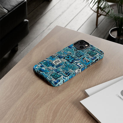 Vibrant Retro Graffiti Phone Case in Blue for Men and Women Stylish Protection Accessory Compatible with iPhone 13, 14, 15 & 16 – all models including Pro, Pro Max & Plus