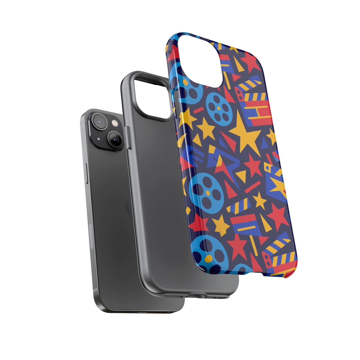 vibrant movie theme protective phone case with 3d wrap design – colourful stars and film reels – stylish protection compatible with iphone 13, 14, 15 & 16 – all models including pro, pro max & plus