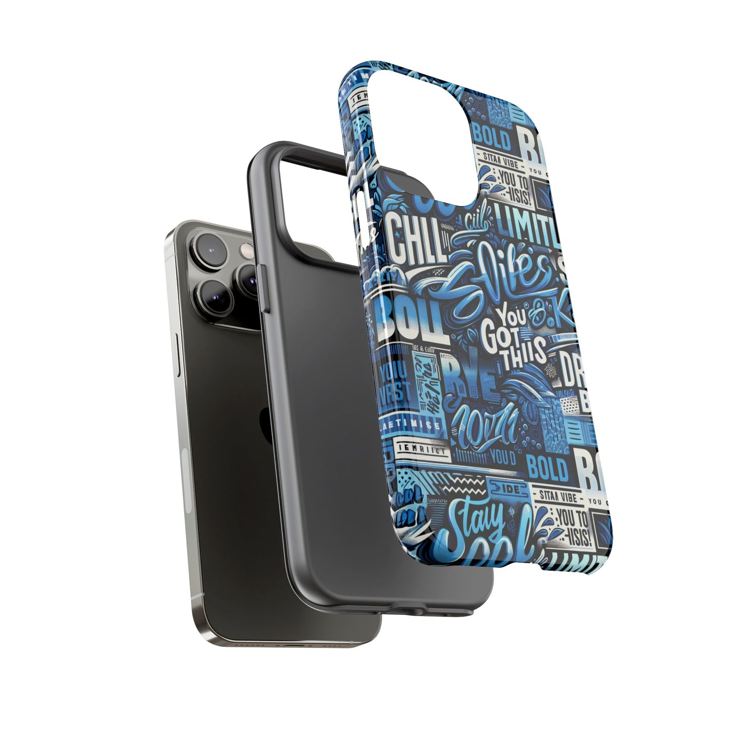 vibrant protective phone case with playful typography design in blue – stylish self-expression accessory compatible with iphone 13, 14, 15 & 16 – all models including pro, pro max & plus