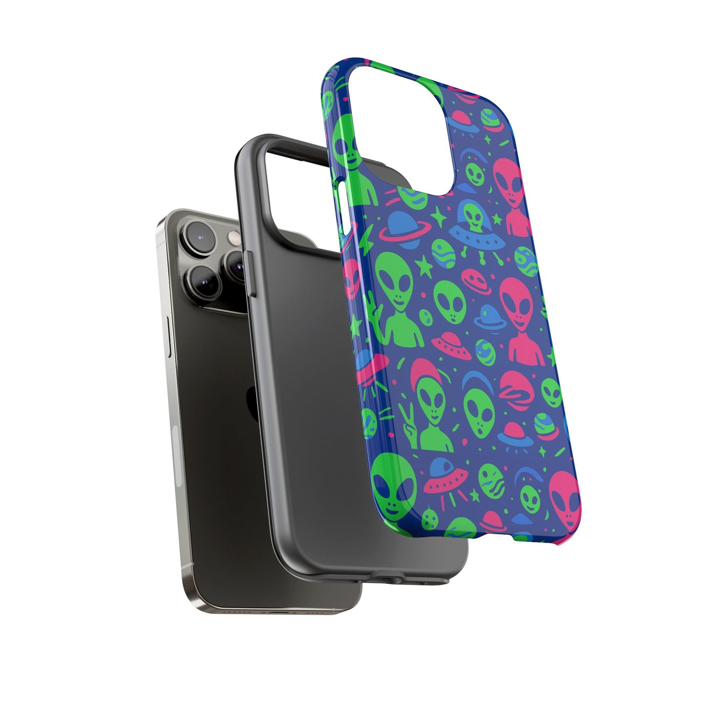 vibrant multicolour alien 3d wrap phone case in retro anime style for stylish protection compatible with iphone 13, 14, 15 & 16 – all models including pro, pro max & plus