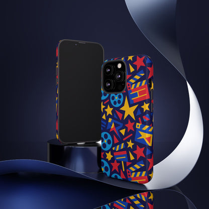 Vibrant Movie Theme Protective Phone Case with 3D Wrap Design – Colourful Stars and Film Reels – Stylish Protection Compatible with iPhone 13, 14, 15 & 16 – All Models Including Pro, Pro Max & Plus