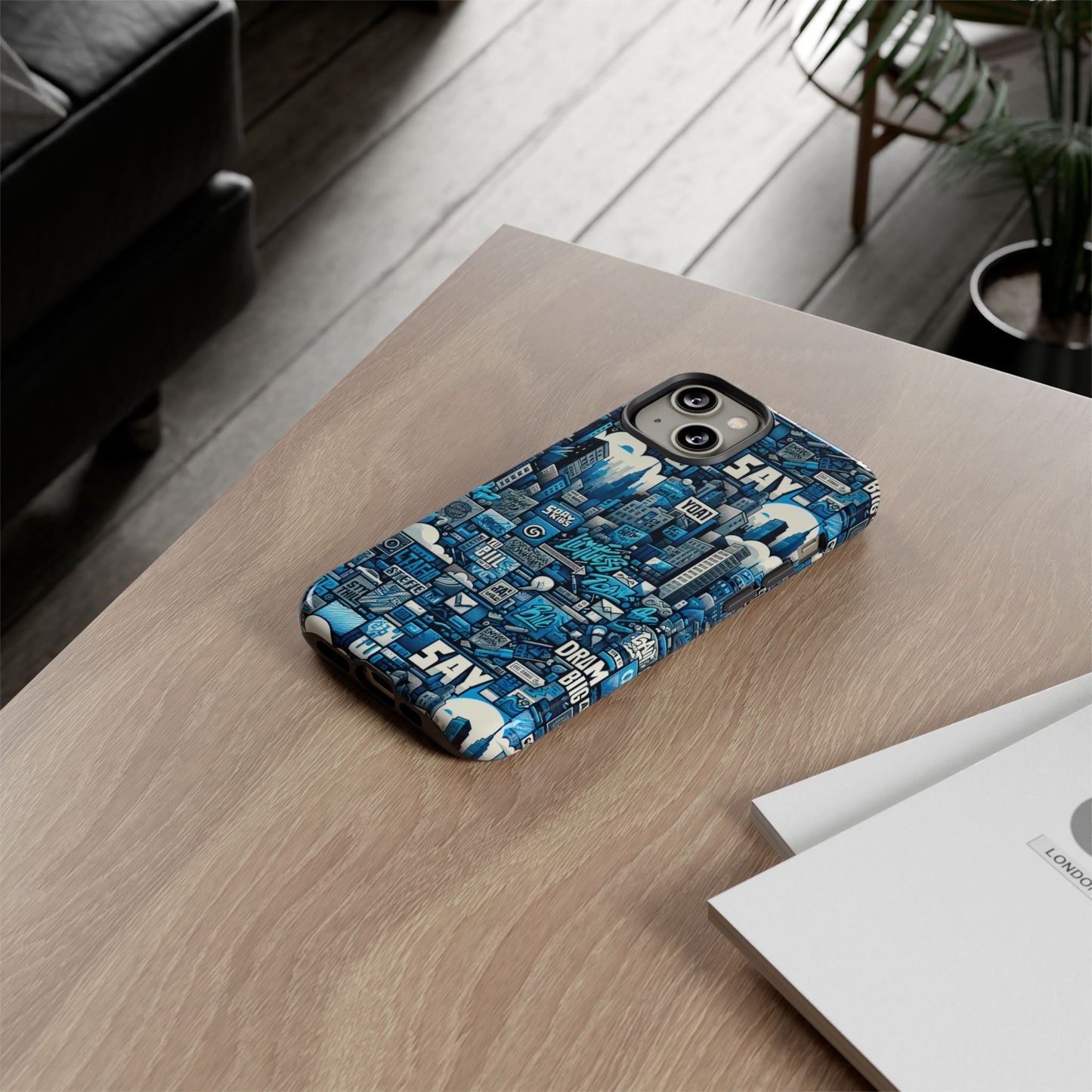 protective phone case with 3d urban design in blue for stylish protection – trendy accessory compatible with iphone 13, 14, 15 & 16 – all models including pro, pro max & plus