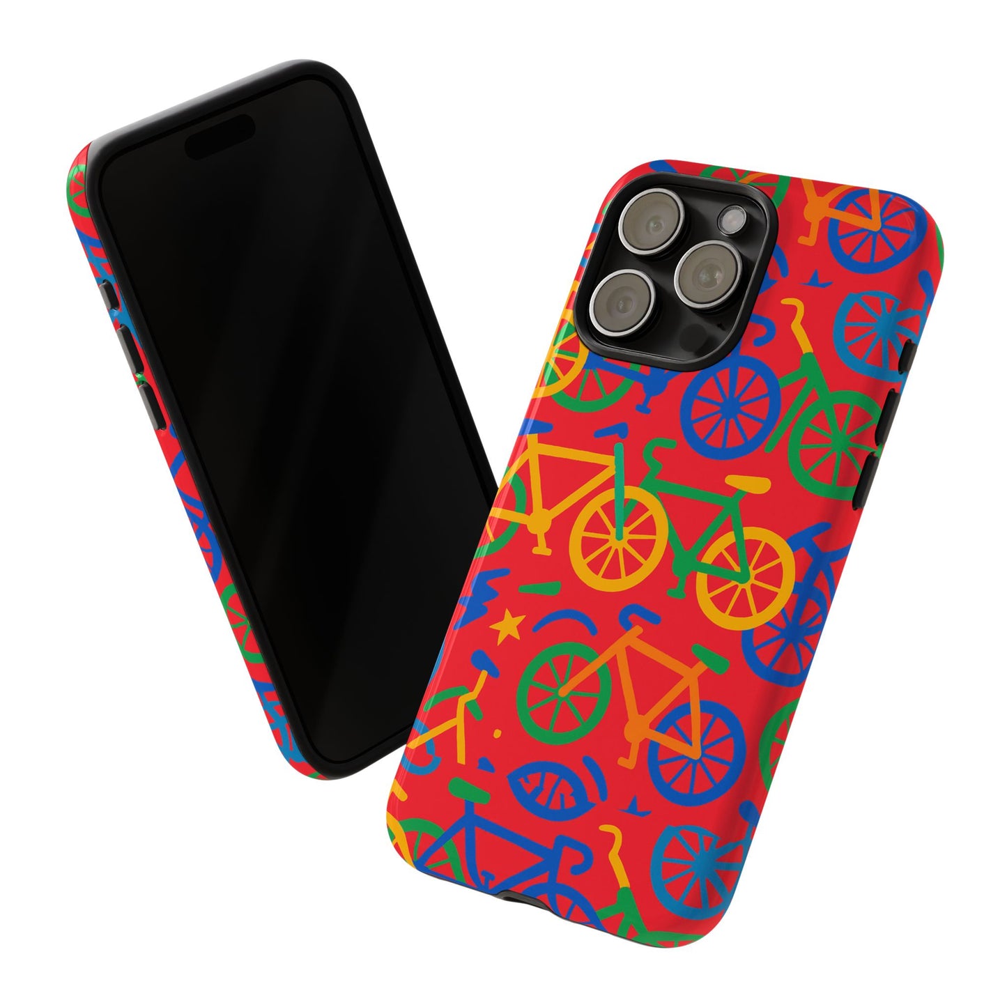 vibrant 3d bicycle pattern protective phone case in colourful retro design for stylish protection compatible with iphone 13, 14, 15 & 16 – all models including pro, pro max & plus