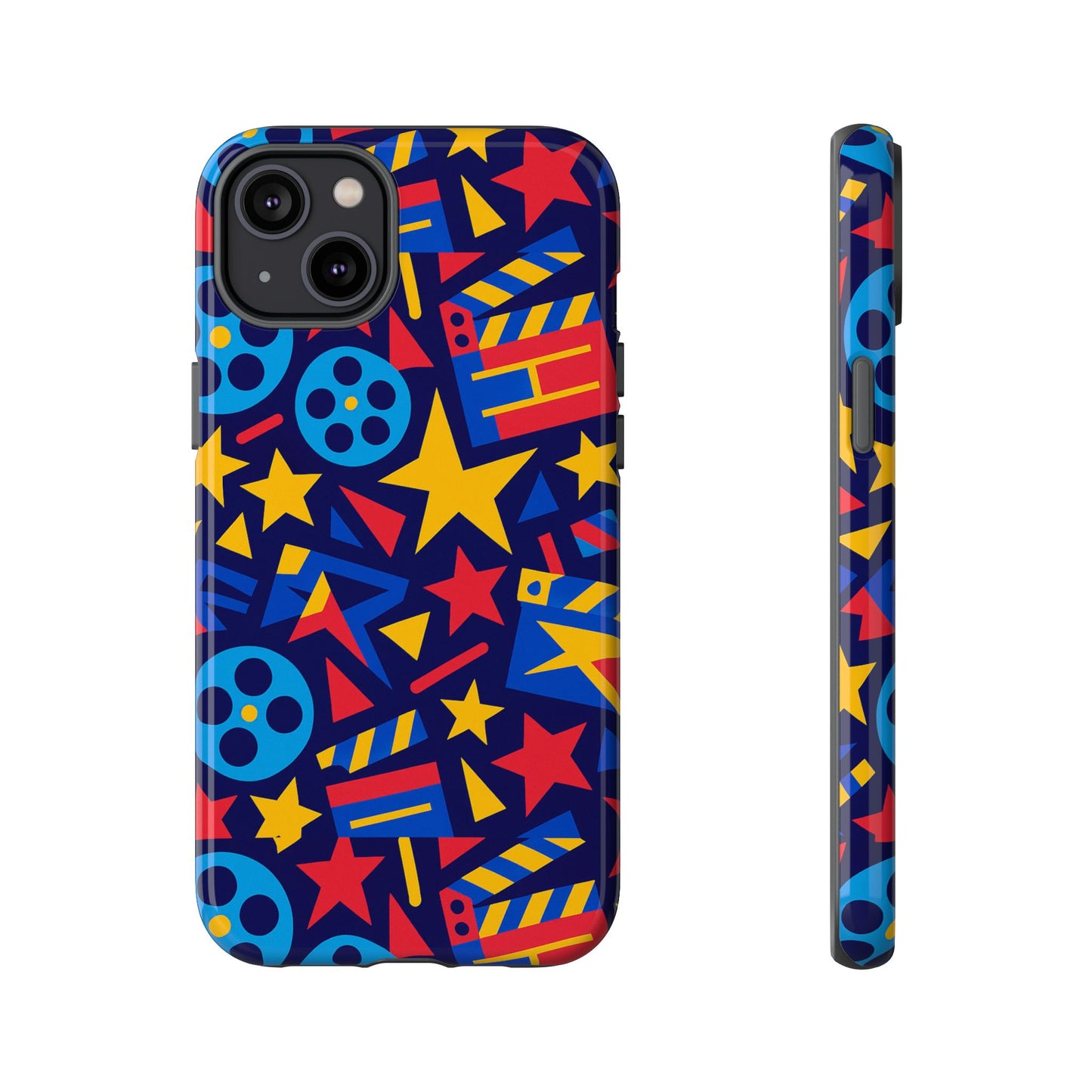 vibrant movie theme protective phone case with 3d wrap design – colourful stars and film reels – stylish protection compatible with iphone 13, 14, 15 & 16 – all models including pro, pro max & plus