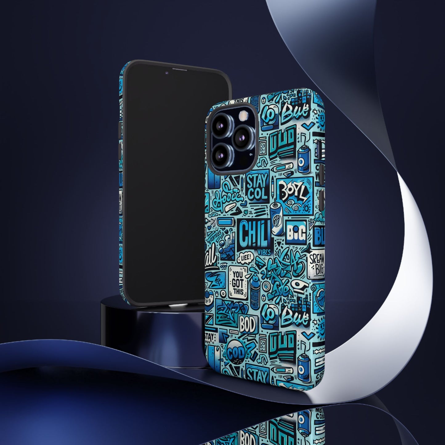 vibrant retro graffiti phone case in blue for men and women stylish protection accessory compatible with iphone 13, 14, 15 & 16 – all models including pro, pro max & plus