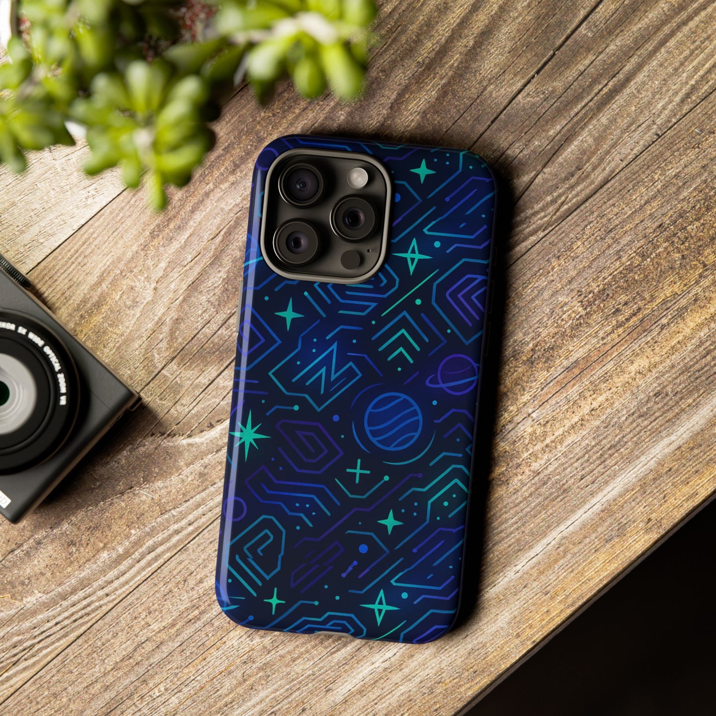 vibrant space design protective phone case in blue and green 3d wrap for stylish protection compatible with iphone 13, 14, 15 & 16 – all models including pro, pro max & plus