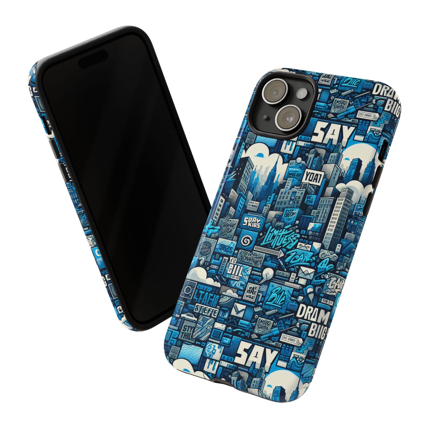 protective phone case with 3d urban design in blue for stylish protection – trendy accessory compatible with iphone 13, 14, 15 & 16 – all models including pro, pro max & plus