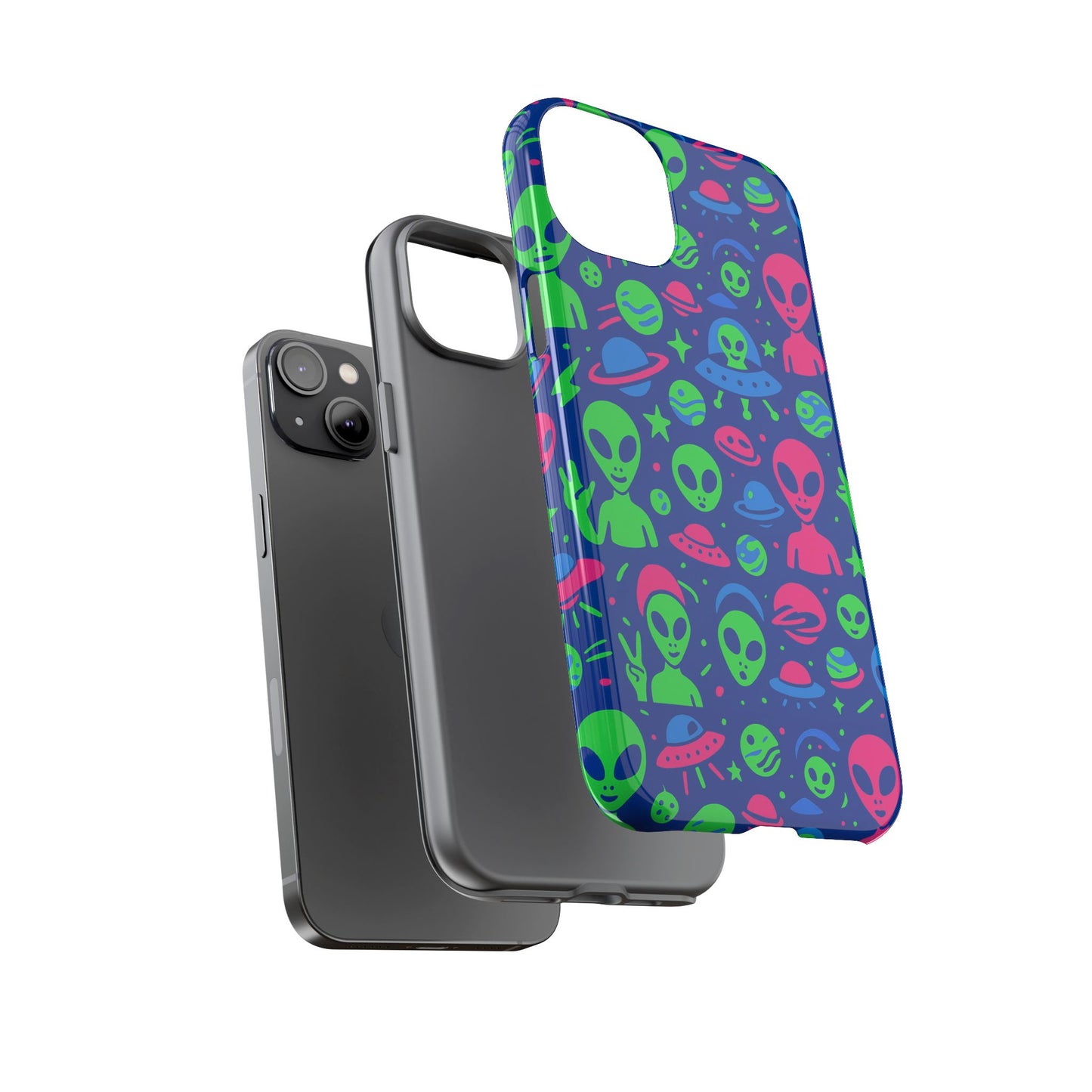 vibrant multicolour alien 3d wrap phone case in retro anime style for stylish protection compatible with iphone 13, 14, 15 & 16 – all models including pro, pro max & plus