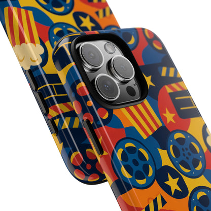 Vibrant Movie-Themed Protective Phone Case with Colourful Film Reel and Popcorn Design for Stylish Protection Compatible with iPhone 13, 14, 15 & 16 – All Models Including Pro, Pro Max & Plus
