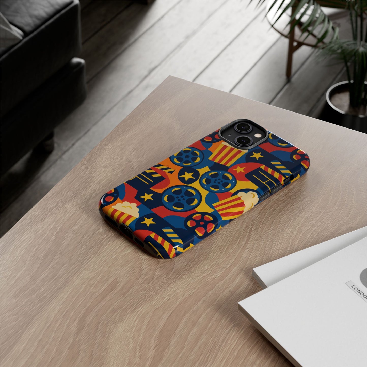 vibrant movie-themed protective phone case with colourful film reel and popcorn design for stylish protection compatible with iphone 13, 14, 15 & 16 – all models including pro, pro max & plus
