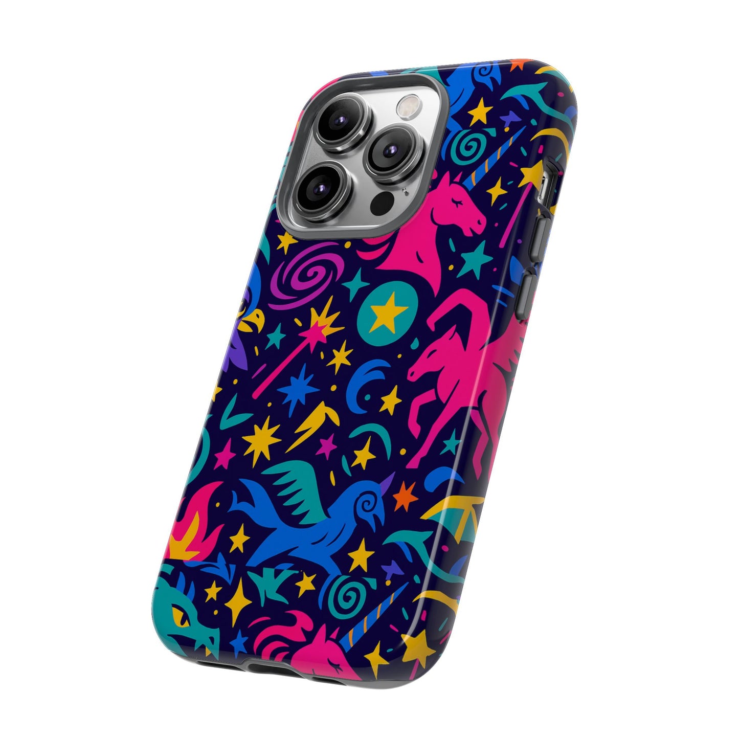 vibrant fantasy unicorns protective phone case – colourful 3d design for stylish protection – compatible with iphone 13, 14, 15 & 16 – all models including pro, pro max & plus