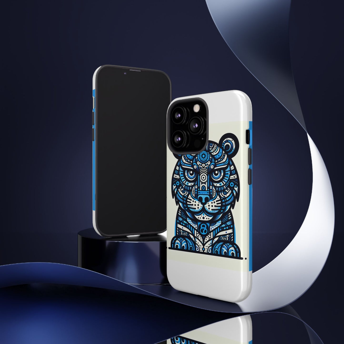 vibrant blue geometric tiger design phone case – stylish protection accessory for self-expression compatible with iphone 13, 14, 15 & 16 – all models including pro, pro max & plus