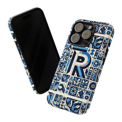 Blue Alphabet R Phone Case with 3D Wrap and Shock Absorption for Kids and Teenagers