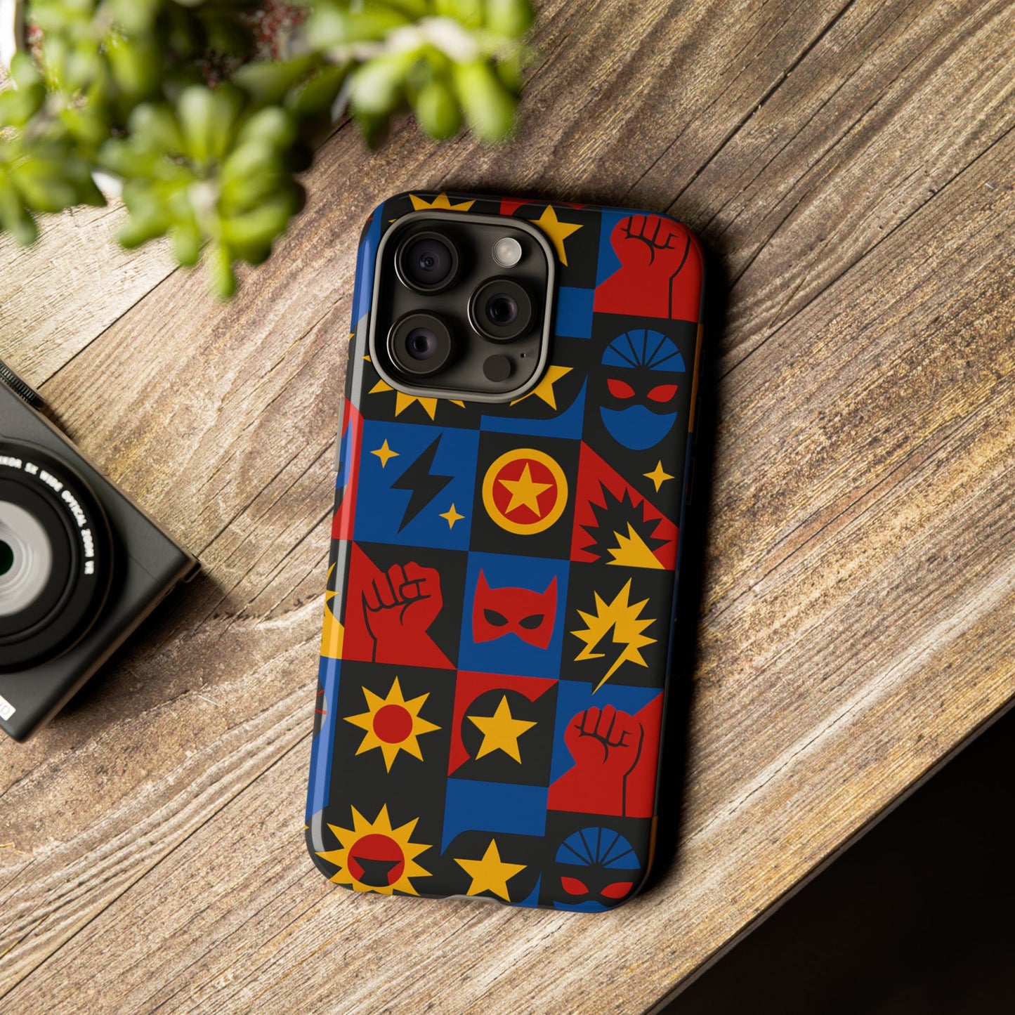 vibrant superhero phone case with retro 3d design for stylish protection compatible with iphone 13, 14, 15 & 16 – all models including pro, pro max & plus