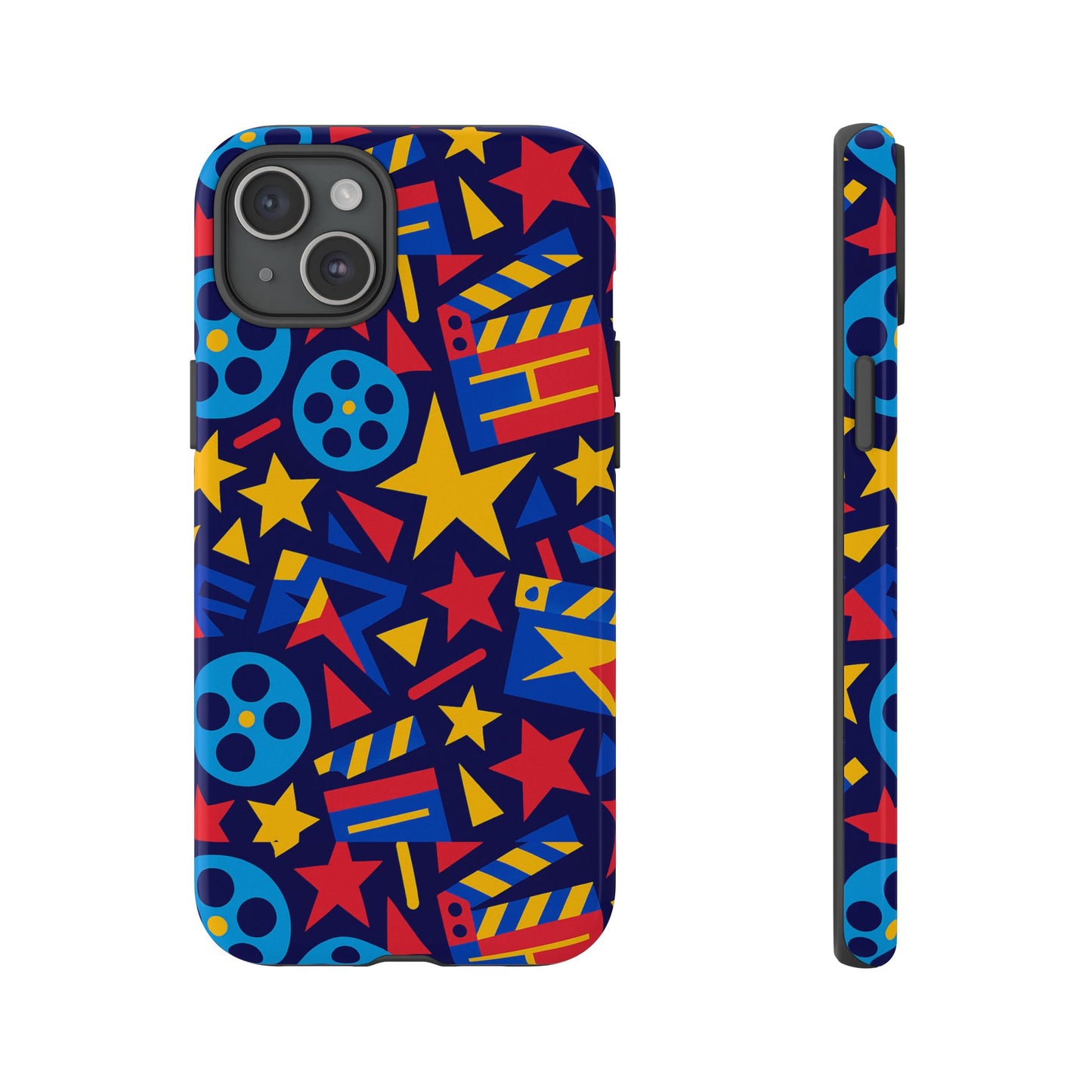 vibrant movie theme protective phone case with 3d wrap design – colourful stars and film reels – stylish protection compatible with iphone 13, 14, 15 & 16 – all models including pro, pro max & plus