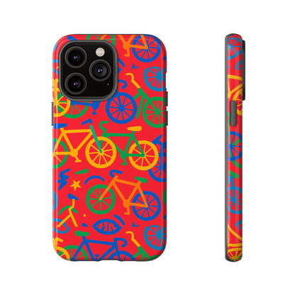 Vibrant 3D Bicycle Pattern Protective Phone Case in Colourful Retro Design for Stylish Protection Compatible with iPhone 13, 14, 15 & 16 – all models including Pro, Pro Max & Plus