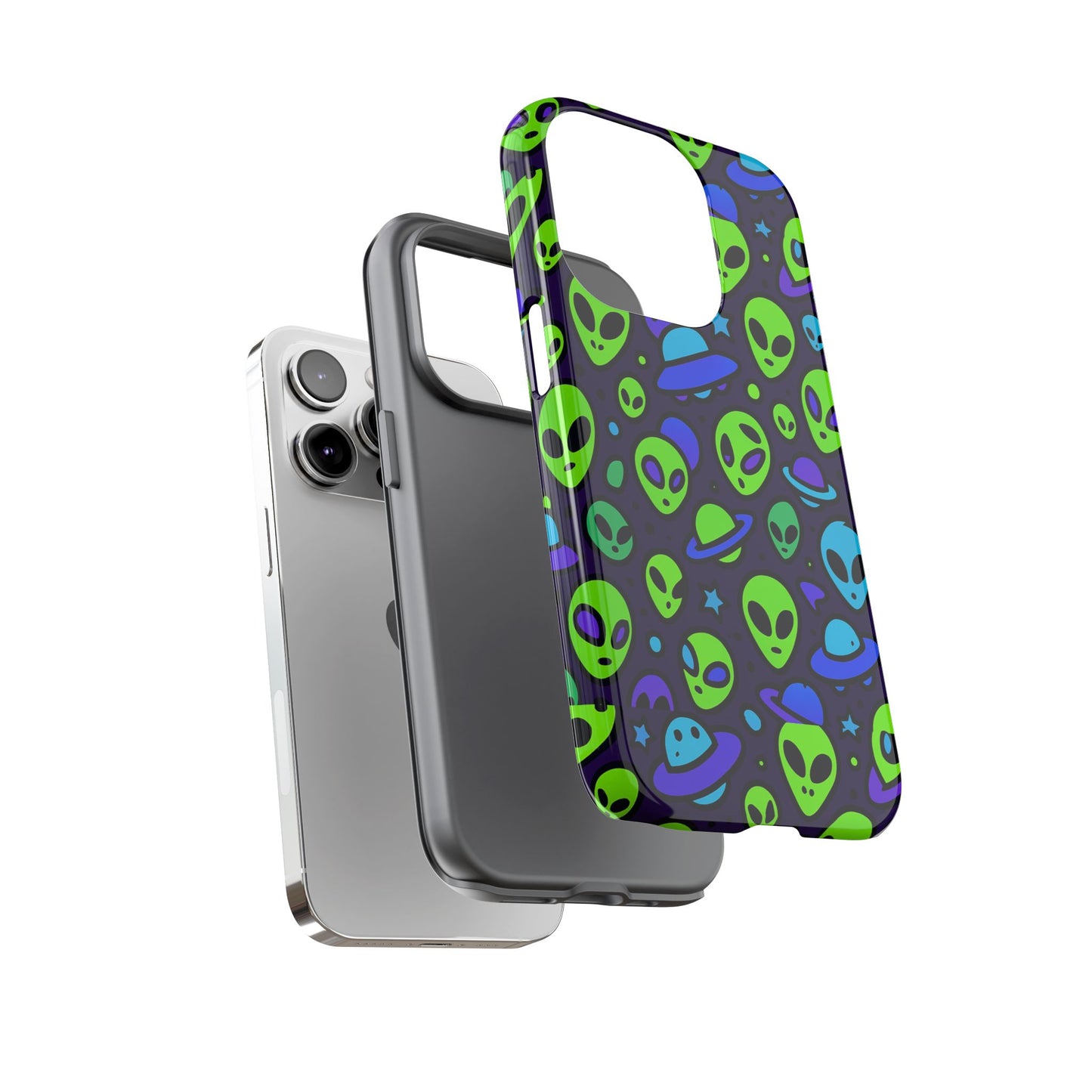 vibrant alien 3d wrap protective phone case in multicolour design for fun smartphone accessories compatible with iphone 13, 14, 15 & 16 – all models including pro, pro max & plus