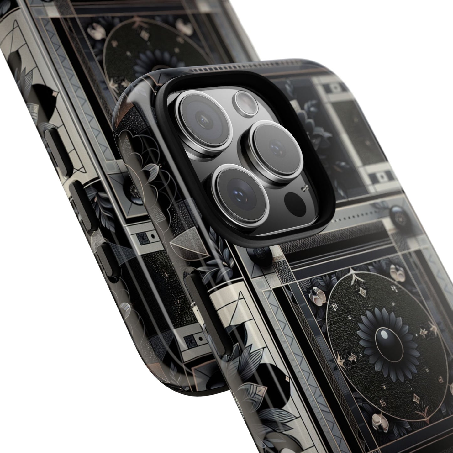 pattern image 4 vibrant shockproof phone case for anime and comic fans, geometric black and silver design, durable protective cover compatible with iphone 13, 14, 15 & 16 – all models including pro, pro max & plus