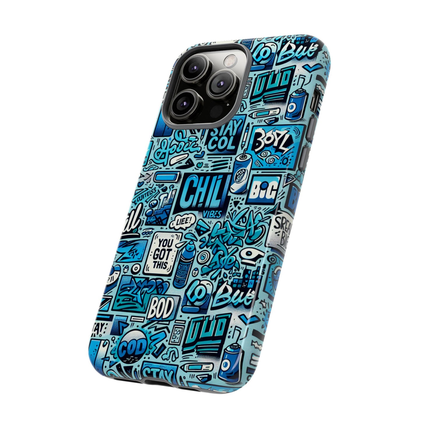 vibrant retro graffiti phone case in blue for men and women stylish protection accessory compatible with iphone 13, 14, 15 & 16 – all models including pro, pro max & plus