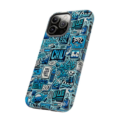 Vibrant Retro Graffiti Phone Case in Blue for Men and Women Stylish Protection Accessory Compatible with iPhone 13, 14, 15 & 16 – all models including Pro, Pro Max & Plus