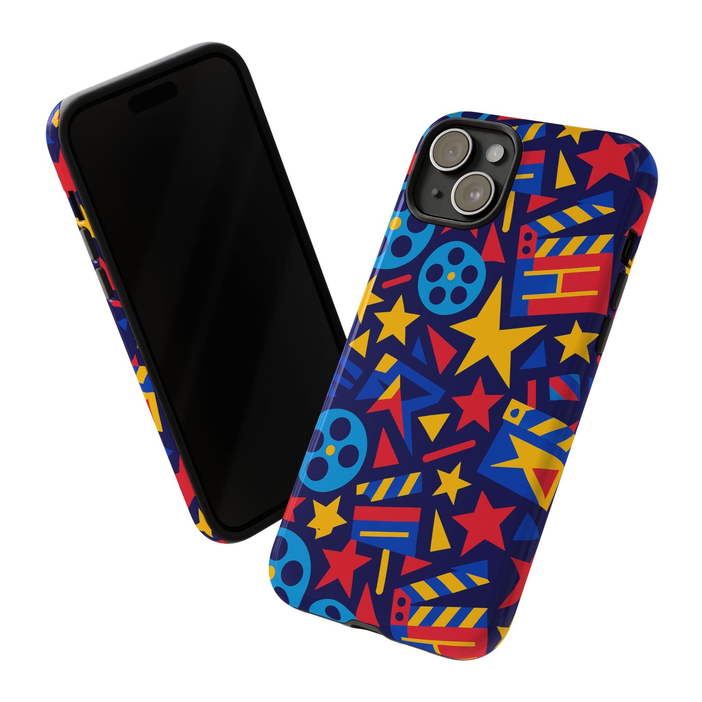 vibrant movie theme protective phone case with 3d wrap design – colourful stars and film reels – stylish protection compatible with iphone 13, 14, 15 & 16 – all models including pro, pro max & plus