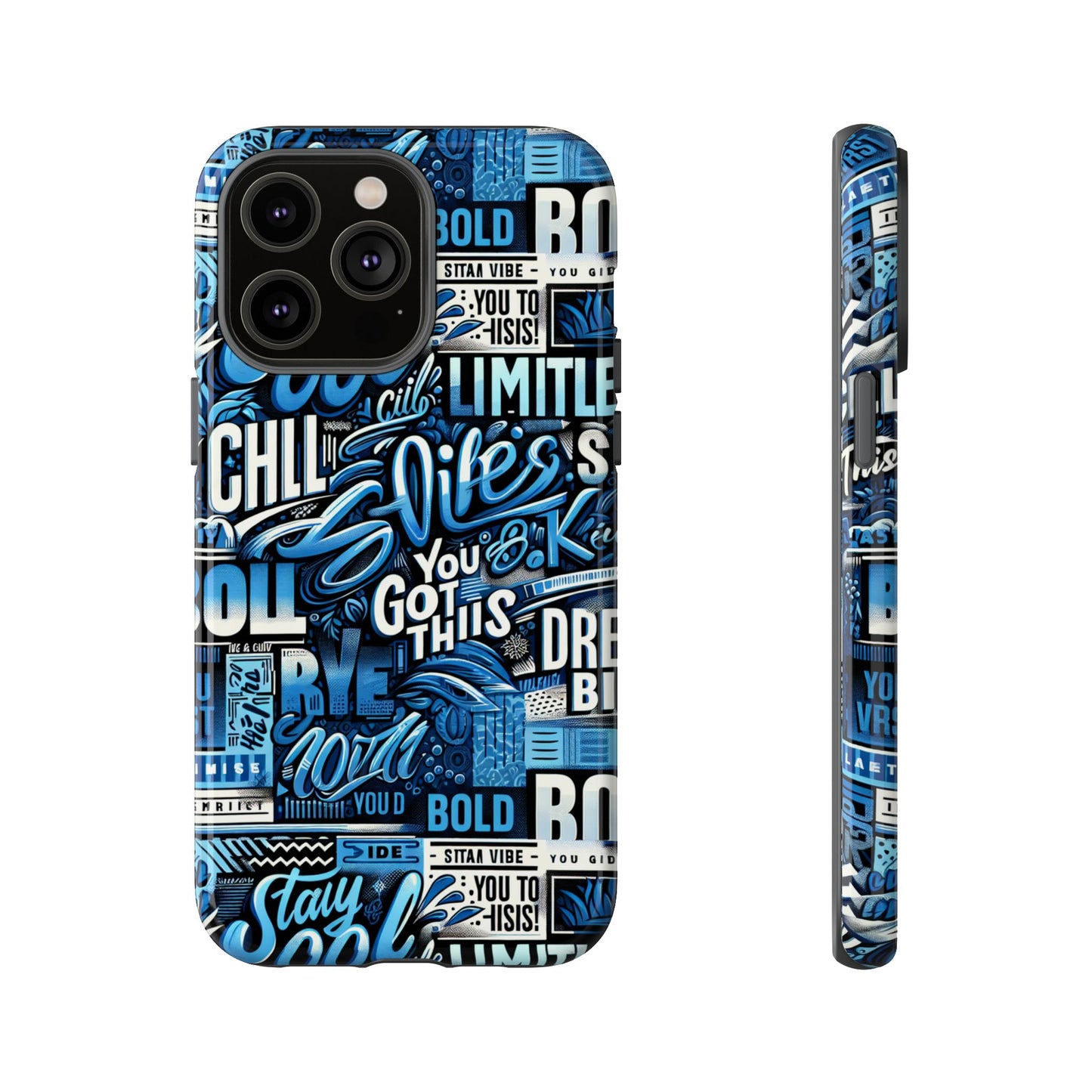 vibrant protective phone case with playful typography design in blue – stylish self-expression accessory compatible with iphone 13, 14, 15 & 16 – all models including pro, pro max & plus